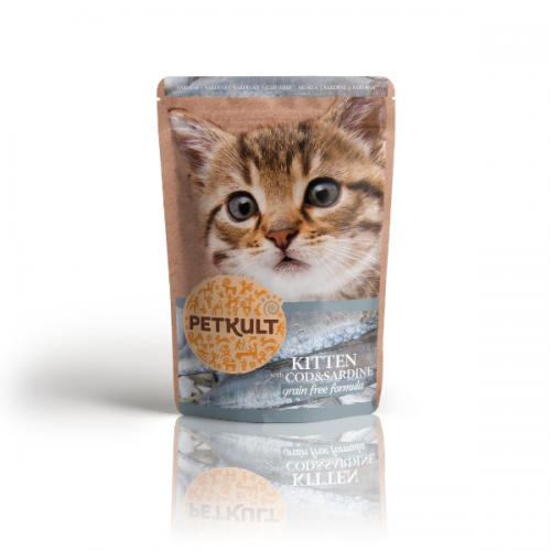 Hrana umeda pentru pisici junioare Petkult cu cod si sardine 100 g