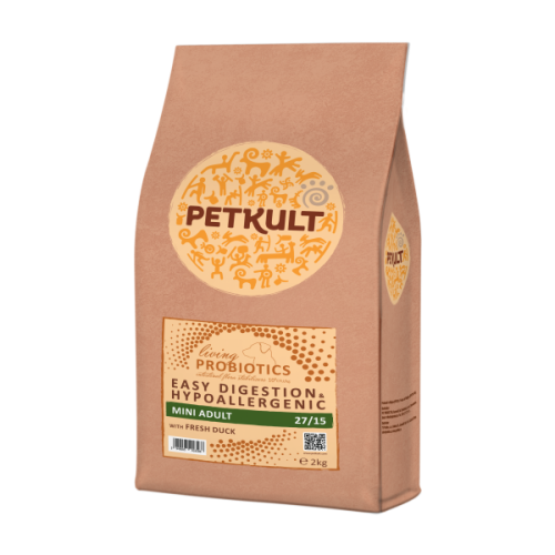 Hrana uscata pentru caini Petkult Probiotics Mini Adult cu rata si orez 2 kg